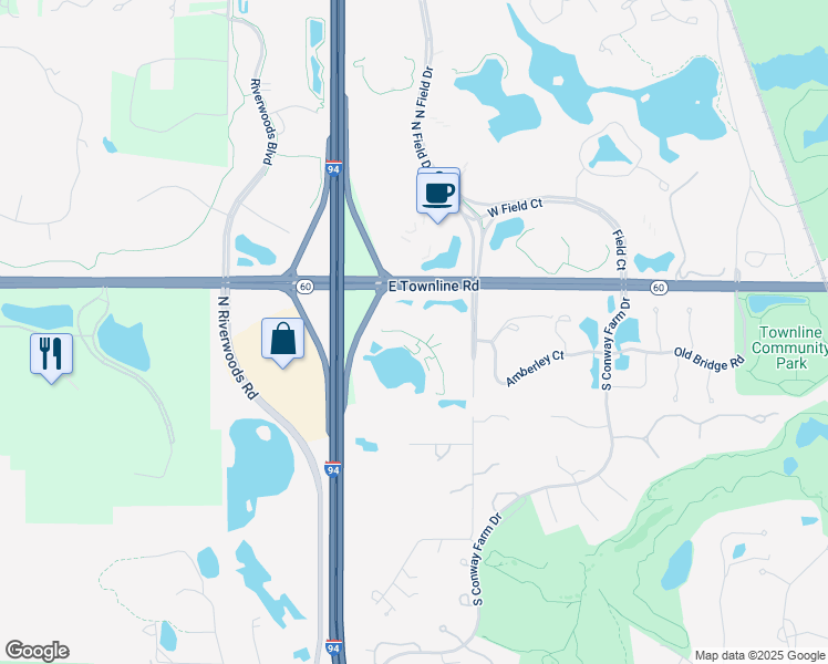 map of restaurants, bars, coffee shops, grocery stores, and more near 100 South Saunders Road in Lake Forest