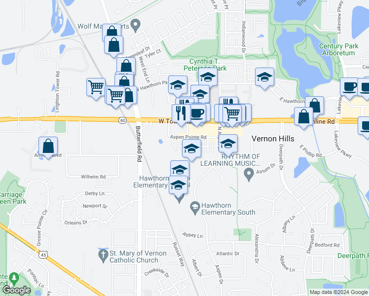 map of restaurants, bars, coffee shops, grocery stores, and more near 726 Keystone Lane in Vernon Hills