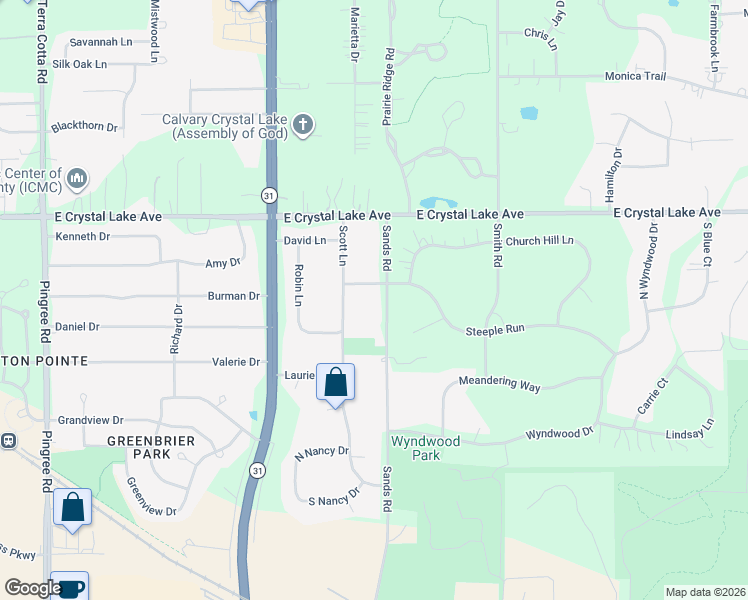 map of restaurants, bars, coffee shops, grocery stores, and more near 6213 Sands Road in Crystal Lake