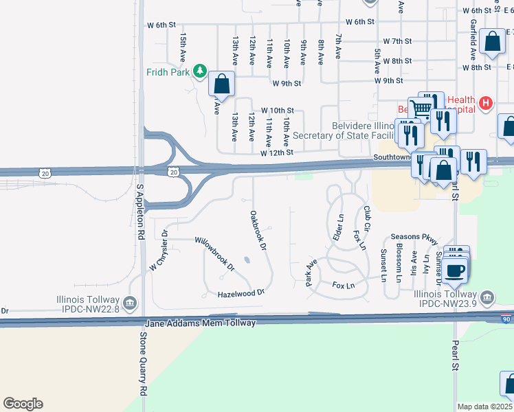 map of restaurants, bars, coffee shops, grocery stores, and more near 2008 Oakbrook Drive in Belvidere