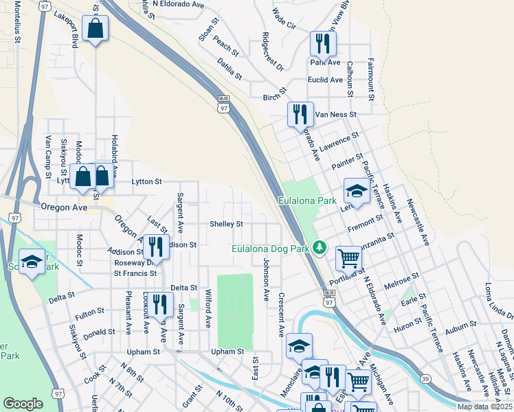 map of restaurants, bars, coffee shops, grocery stores, and more near 1935 Lexington Avenue in Klamath Falls