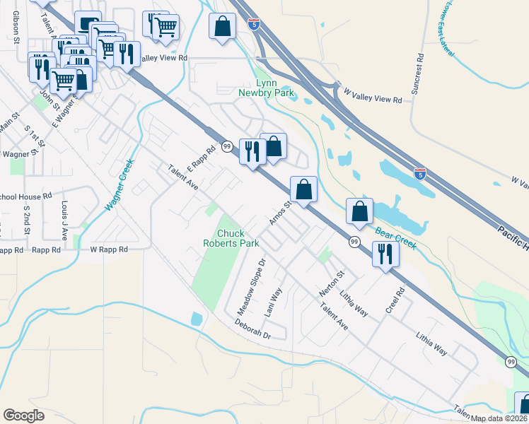 map of restaurants, bars, coffee shops, grocery stores, and more near 467 Arnos Road in Talent