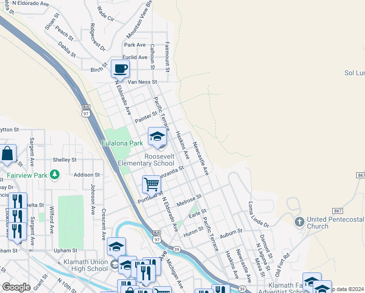 map of restaurants, bars, coffee shops, grocery stores, and more near 2027 Fremont Street in Klamath Falls