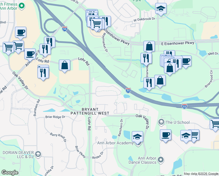 map of restaurants, bars, coffee shops, grocery stores, and more near 1367 Millbrook Trail in Ann Arbor