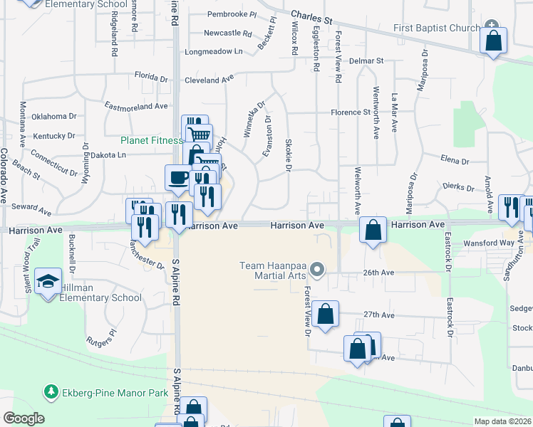map of restaurants, bars, coffee shops, grocery stores, and more near 2622 Skokie Drive in Rockford