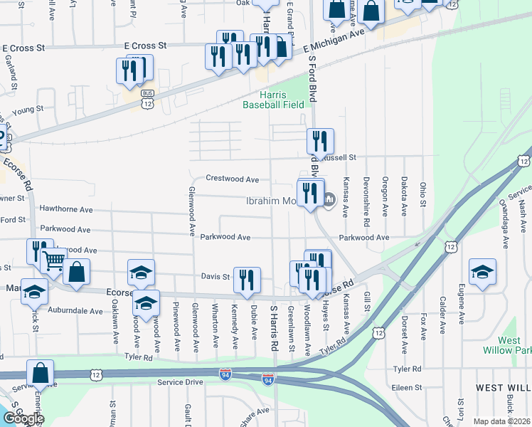 map of restaurants, bars, coffee shops, grocery stores, and more near 342 South Harris Road in Ypsilanti