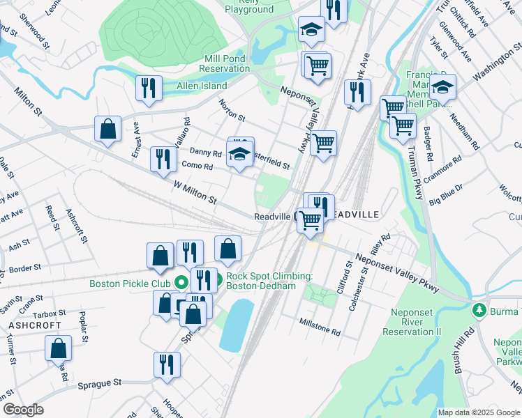 map of restaurants, bars, coffee shops, grocery stores, and more near 100 West Milton Street in Boston