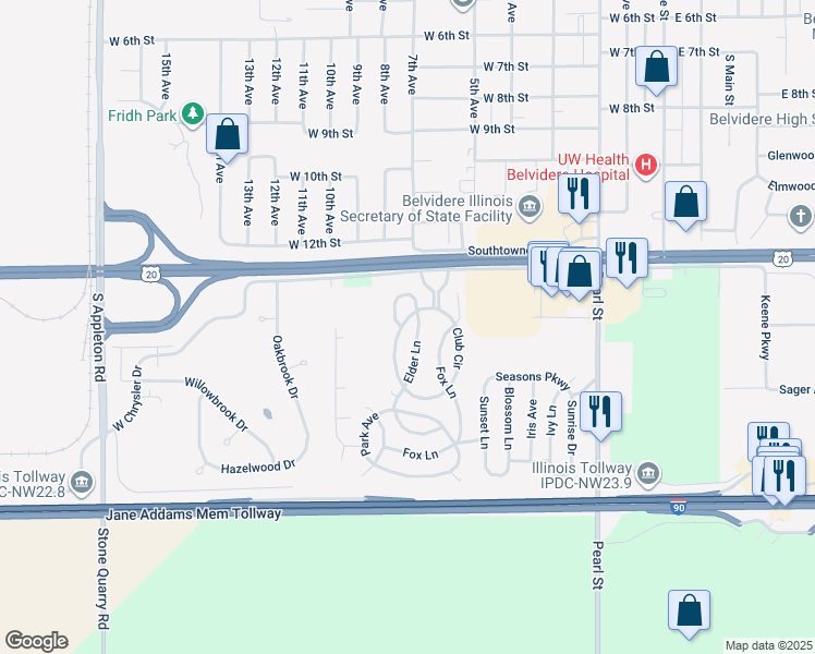 map of restaurants, bars, coffee shops, grocery stores, and more near 405 Club Circle in Belvidere