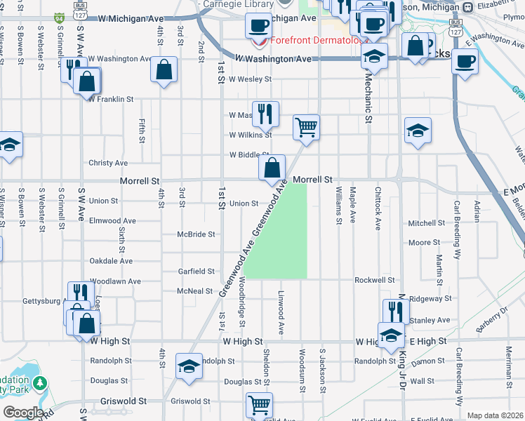 map of restaurants, bars, coffee shops, grocery stores, and more near 1006 Greenwood Avenue in Jackson