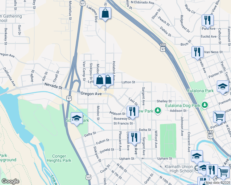 map of restaurants, bars, coffee shops, grocery stores, and more near 2045 Oregon Avenue in Klamath Falls