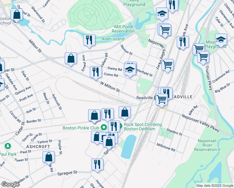 map of restaurants, bars, coffee shops, grocery stores, and more near 71-73 West Milton Street in Boston