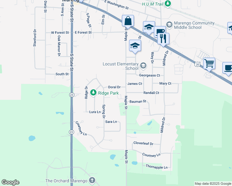 map of restaurants, bars, coffee shops, grocery stores, and more near 6211 Maple Street in Marengo