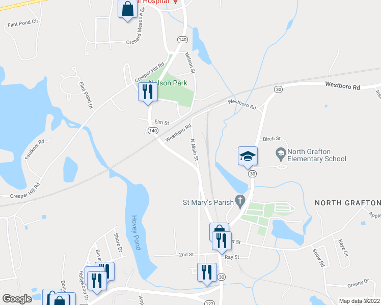 map of restaurants, bars, coffee shops, grocery stores, and more near 95 North Main Street in Grafton