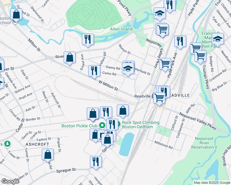 map of restaurants, bars, coffee shops, grocery stores, and more near 71-73 West Milton Street in Boston