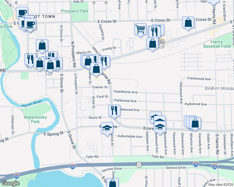 map of restaurants, bars, coffee shops, grocery stores, and more near 828 Hawthorne Avenue in Ypsilanti