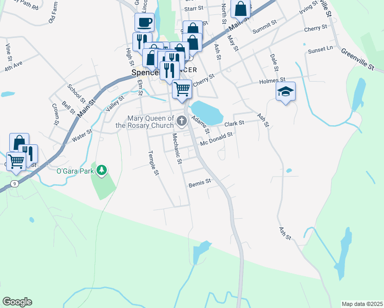 map of restaurants, bars, coffee shops, grocery stores, and more near 68 Maple Street in Spencer