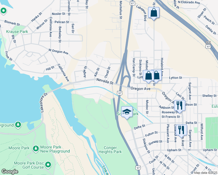 map of restaurants, bars, coffee shops, grocery stores, and more near 18 Nevada Street in Klamath Falls