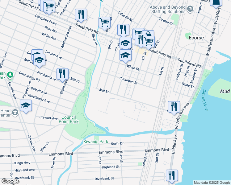 map of restaurants, bars, coffee shops, grocery stores, and more near 4660 6th Street in Ecorse