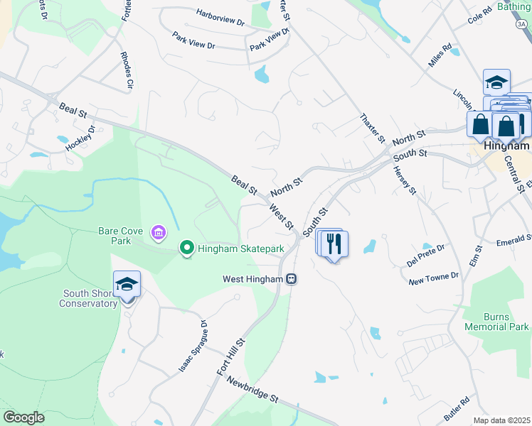 map of restaurants, bars, coffee shops, grocery stores, and more near 19 Hillside Terrace in Hingham