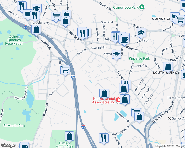 map of restaurants, bars, coffee shops, grocery stores, and more near 175J Centre Street in Quincy