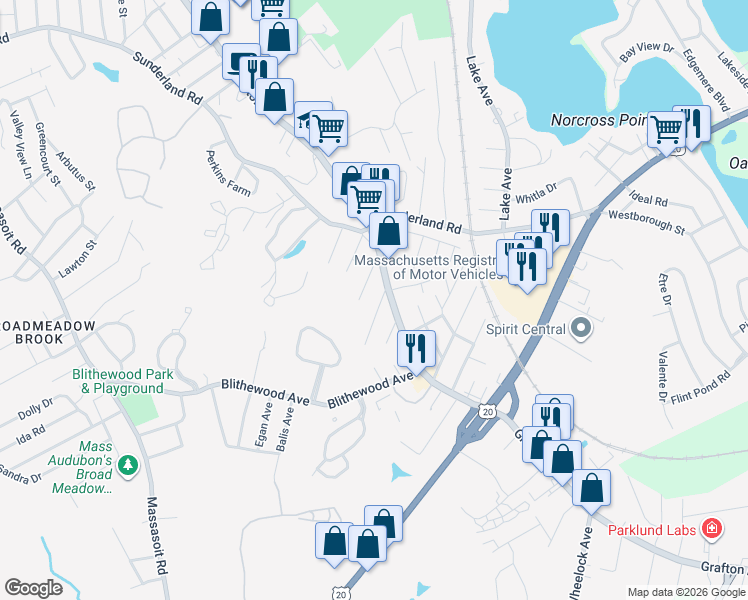 map of restaurants, bars, coffee shops, grocery stores, and more near 16 Monteforte Street in Worcester