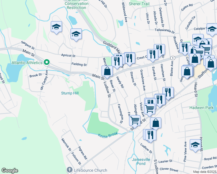 map of restaurants, bars, coffee shops, grocery stores, and more near 8A Ludlow Street in Worcester