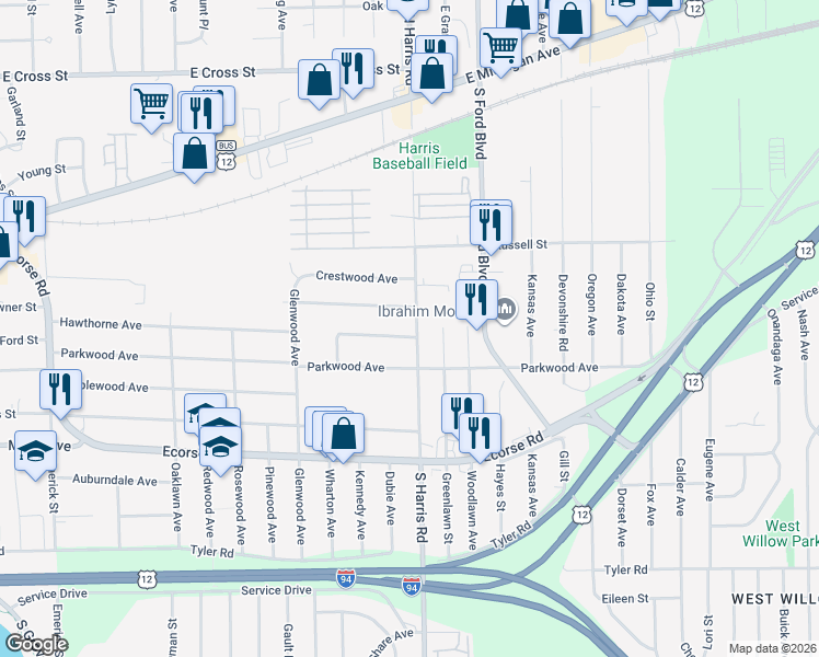 map of restaurants, bars, coffee shops, grocery stores, and more near 342 South Harris Road in Ypsilanti