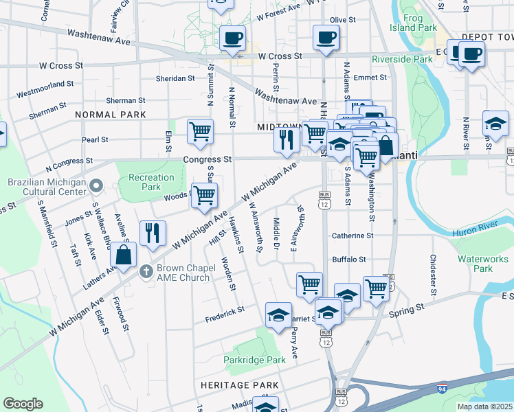 map of restaurants, bars, coffee shops, grocery stores, and more near 12 West Ainsworth Street in Ypsilanti