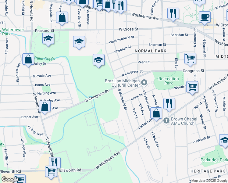 map of restaurants, bars, coffee shops, grocery stores, and more near 32 South Mansfield Street in Ypsilanti