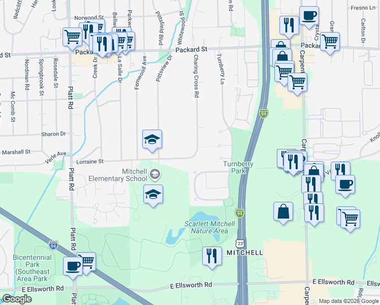 map of restaurants, bars, coffee shops, grocery stores, and more near 3455 Charing Cross Road in Ann Arbor