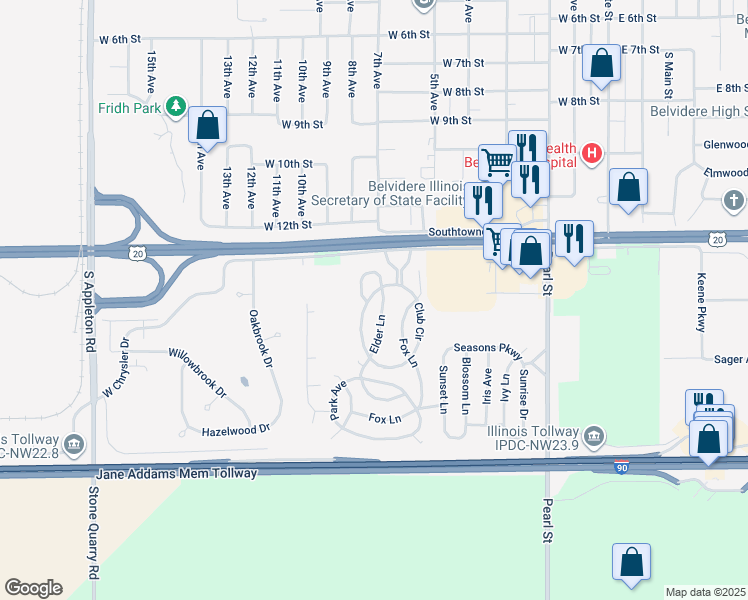 map of restaurants, bars, coffee shops, grocery stores, and more near 405 Club Circle in Belvidere