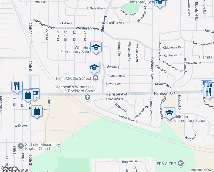 map of restaurants, bars, coffee shops, grocery stores, and more near 3212 Harrison Avenue in Rockford