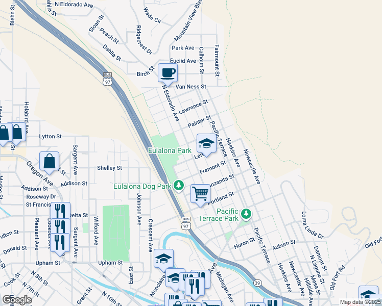 map of restaurants, bars, coffee shops, grocery stores, and more near North Eldorado Avenue in Klamath Falls