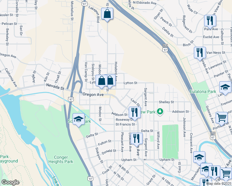 map of restaurants, bars, coffee shops, grocery stores, and more near 2050 Oregon Avenue in Klamath Falls