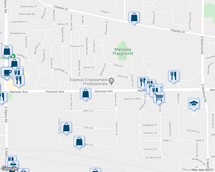 map of restaurants, bars, coffee shops, grocery stores, and more near 5285 Dierks Drive in Rockford
