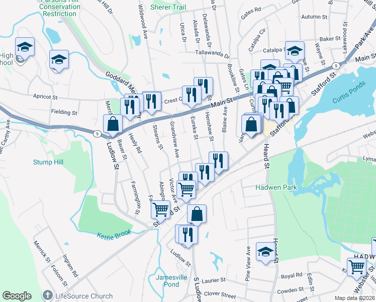 map of restaurants, bars, coffee shops, grocery stores, and more near 47 Lavallee Terrace in Worcester