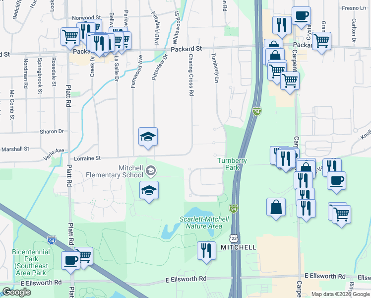 map of restaurants, bars, coffee shops, grocery stores, and more near 3455 Charing Cross Road in Ann Arbor