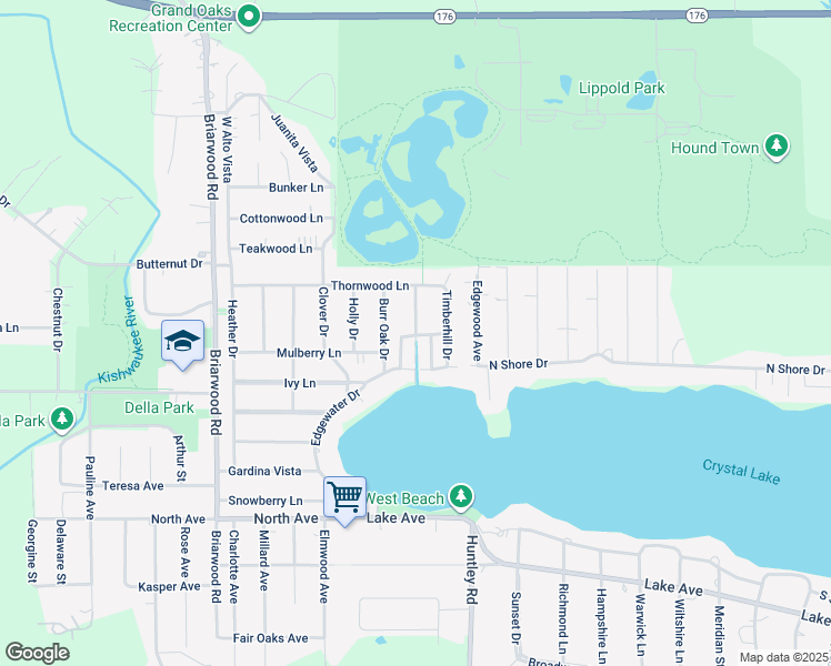 map of restaurants, bars, coffee shops, grocery stores, and more near 1248 Honeysuckle Drive in Crystal Lake