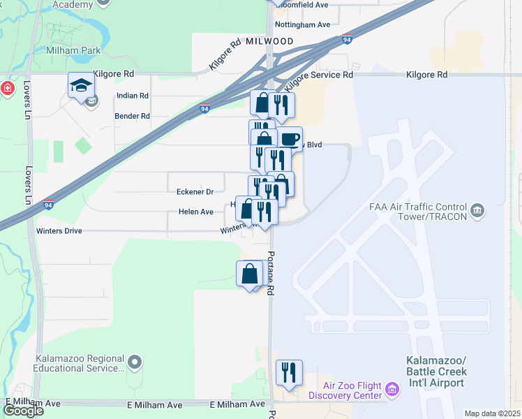 map of restaurants, bars, coffee shops, grocery stores, and more near 5402 Portage Road in Portage