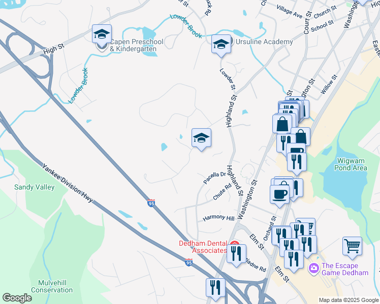 map of restaurants, bars, coffee shops, grocery stores, and more near Sandy Valley Road in Dedham