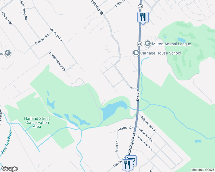 map of restaurants, bars, coffee shops, grocery stores, and more near 27 Woodside Drive in Milton