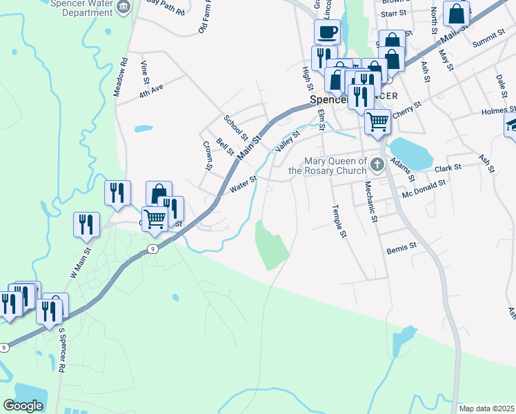map of restaurants, bars, coffee shops, grocery stores, and more near 60 Valley Street in Spencer