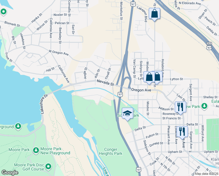 map of restaurants, bars, coffee shops, grocery stores, and more near 18 Nevada Street in Klamath Falls