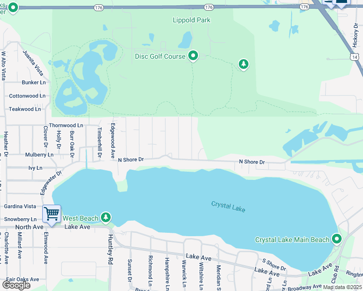 map of restaurants, bars, coffee shops, grocery stores, and more near 164 East End Avenue in Crystal Lake