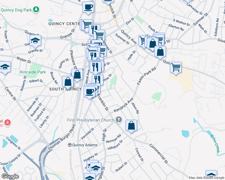 map of restaurants, bars, coffee shops, grocery stores, and more near 50 Endicott Street in Quincy