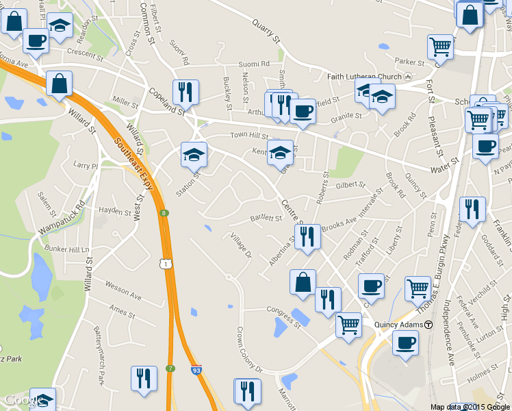 map of restaurants, bars, coffee shops, grocery stores, and more near 1250 Hancock Street in Quincy
