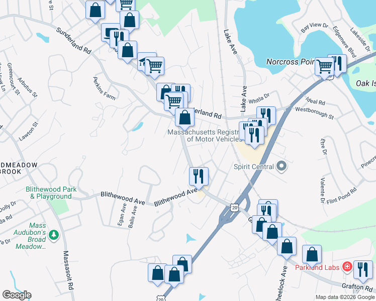 map of restaurants, bars, coffee shops, grocery stores, and more near 1217 Grafton Street in Worcester