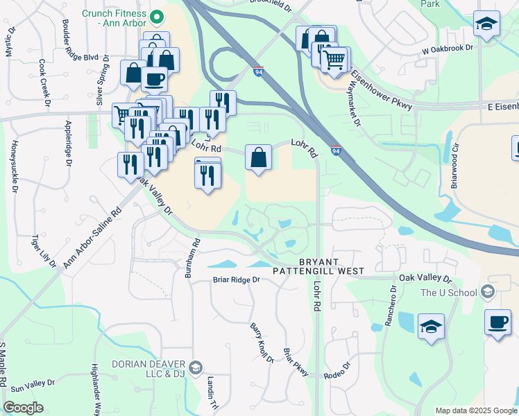 map of restaurants, bars, coffee shops, grocery stores, and more near 1677 Coburn Drive in Ann Arbor