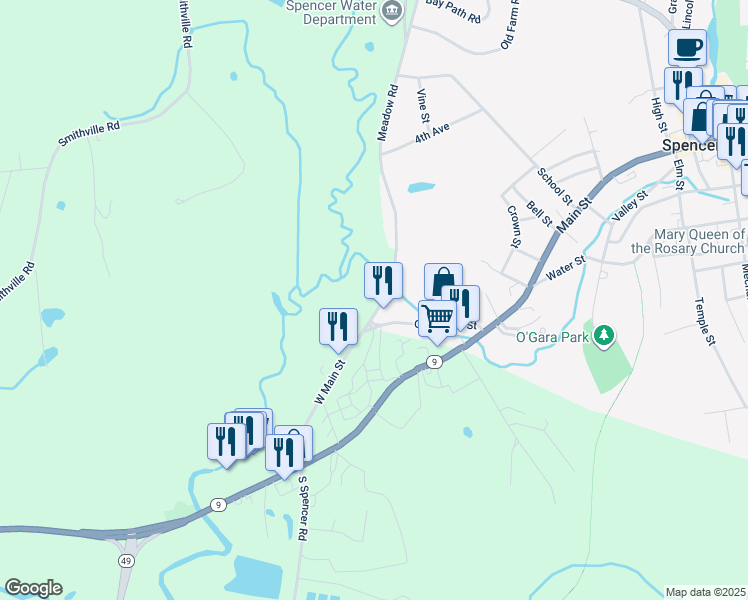 map of restaurants, bars, coffee shops, grocery stores, and more near 9 Meadow Road in Spencer