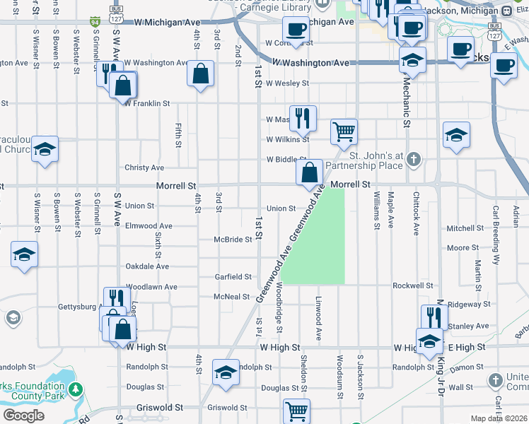 map of restaurants, bars, coffee shops, grocery stores, and more near 1001 1st Street in Jackson